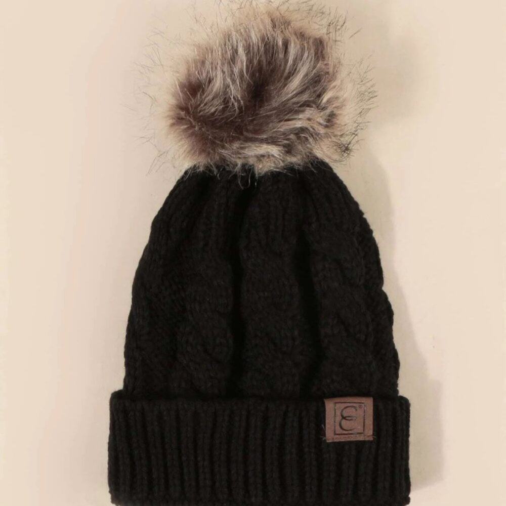 NWT Black Cable Knit Pom Beanie Hat - Picture 3 of 3
